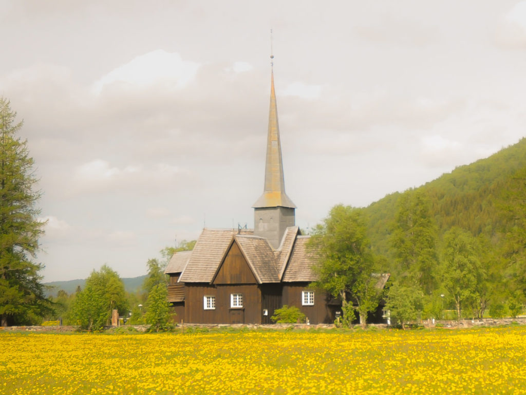 avstandsbilde av kvikne kirke med en gul blomstereng i front